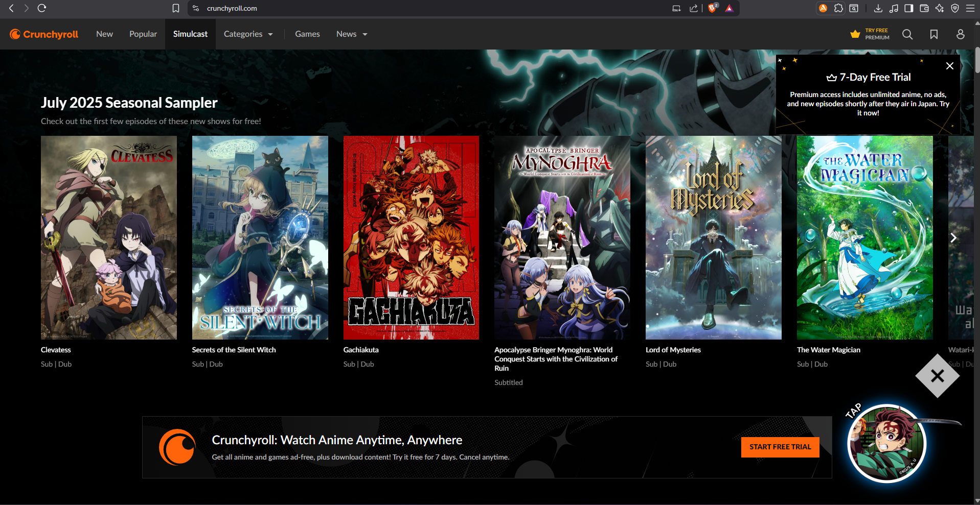 Crunchyroll anime streaming website homepage showing popular anime titles