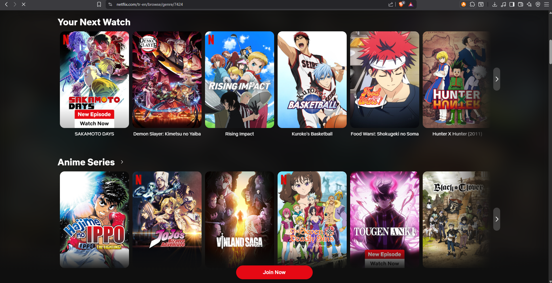 Netflix anime section with popular anime series and movies