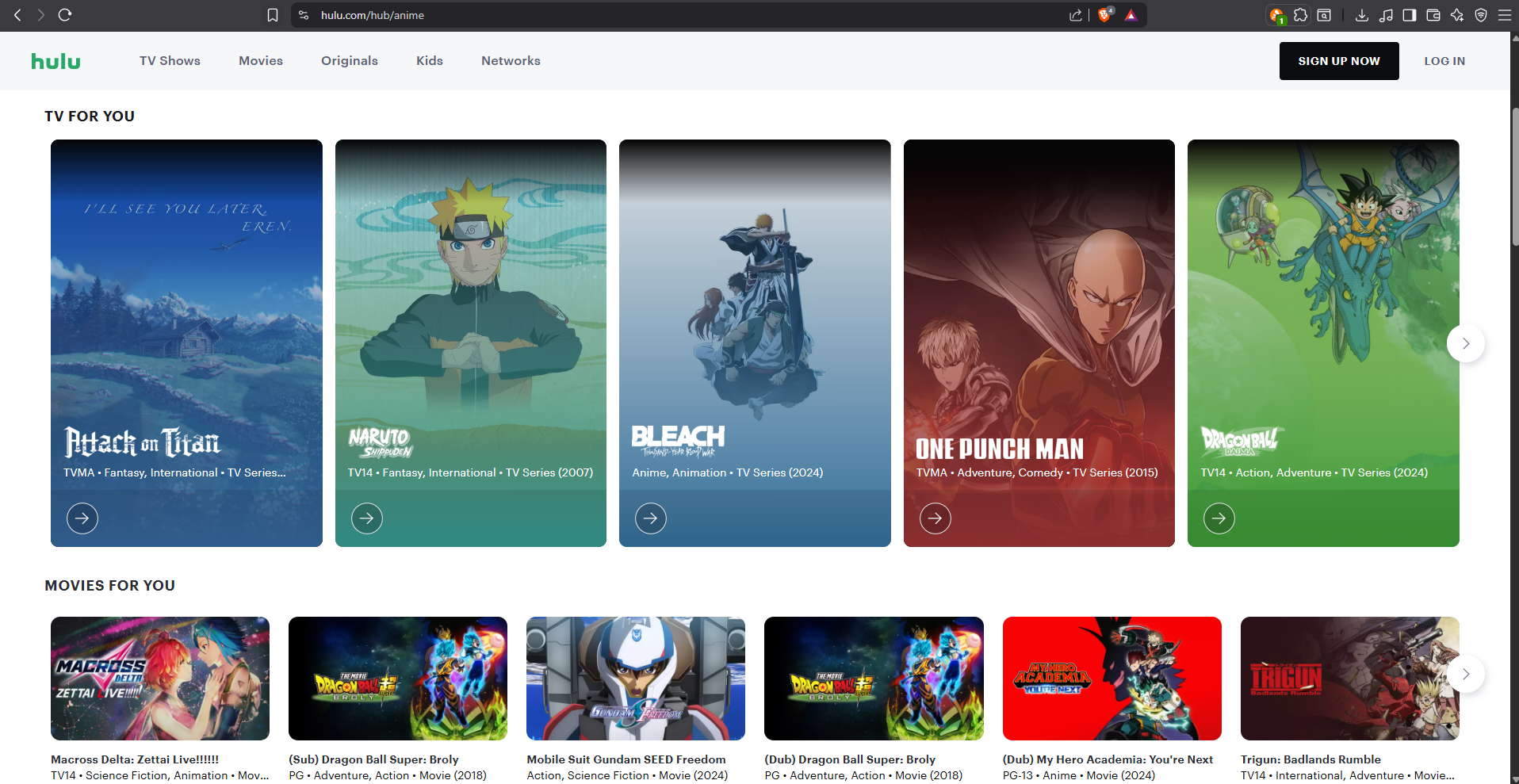 Hulu anime section with various anime titles