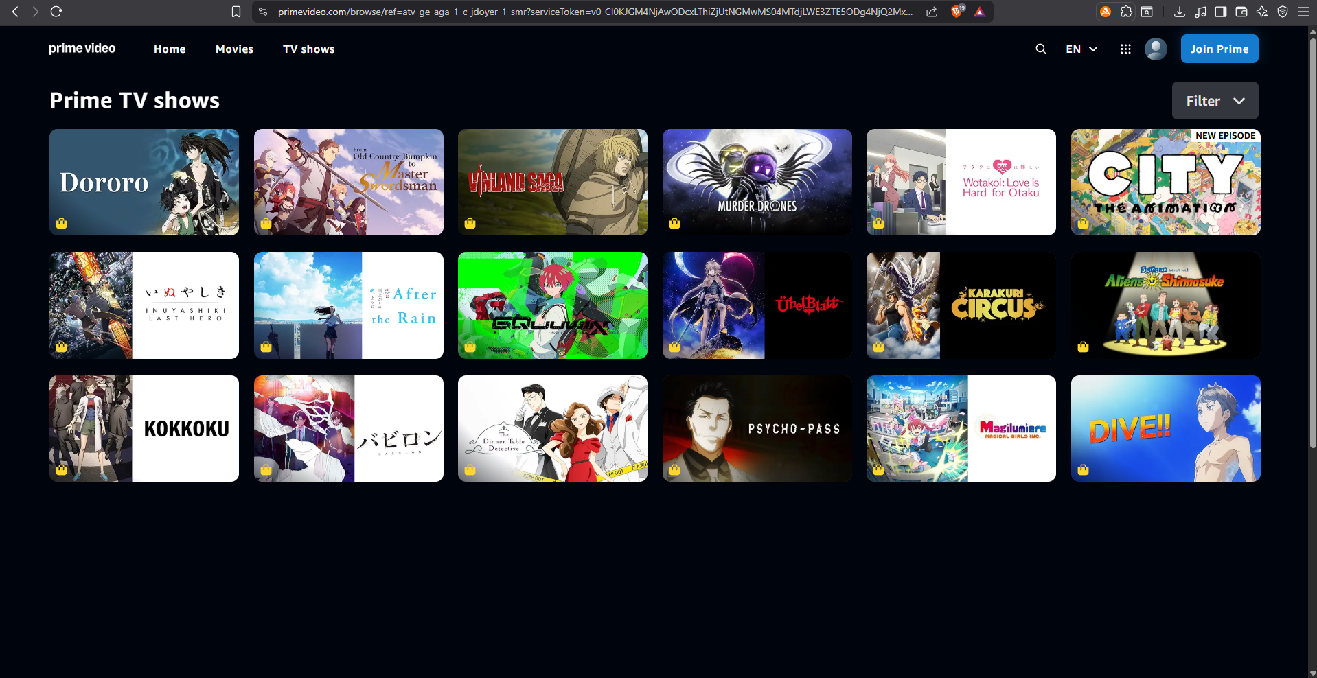 Amazon Prime Video anime section with various anime titles