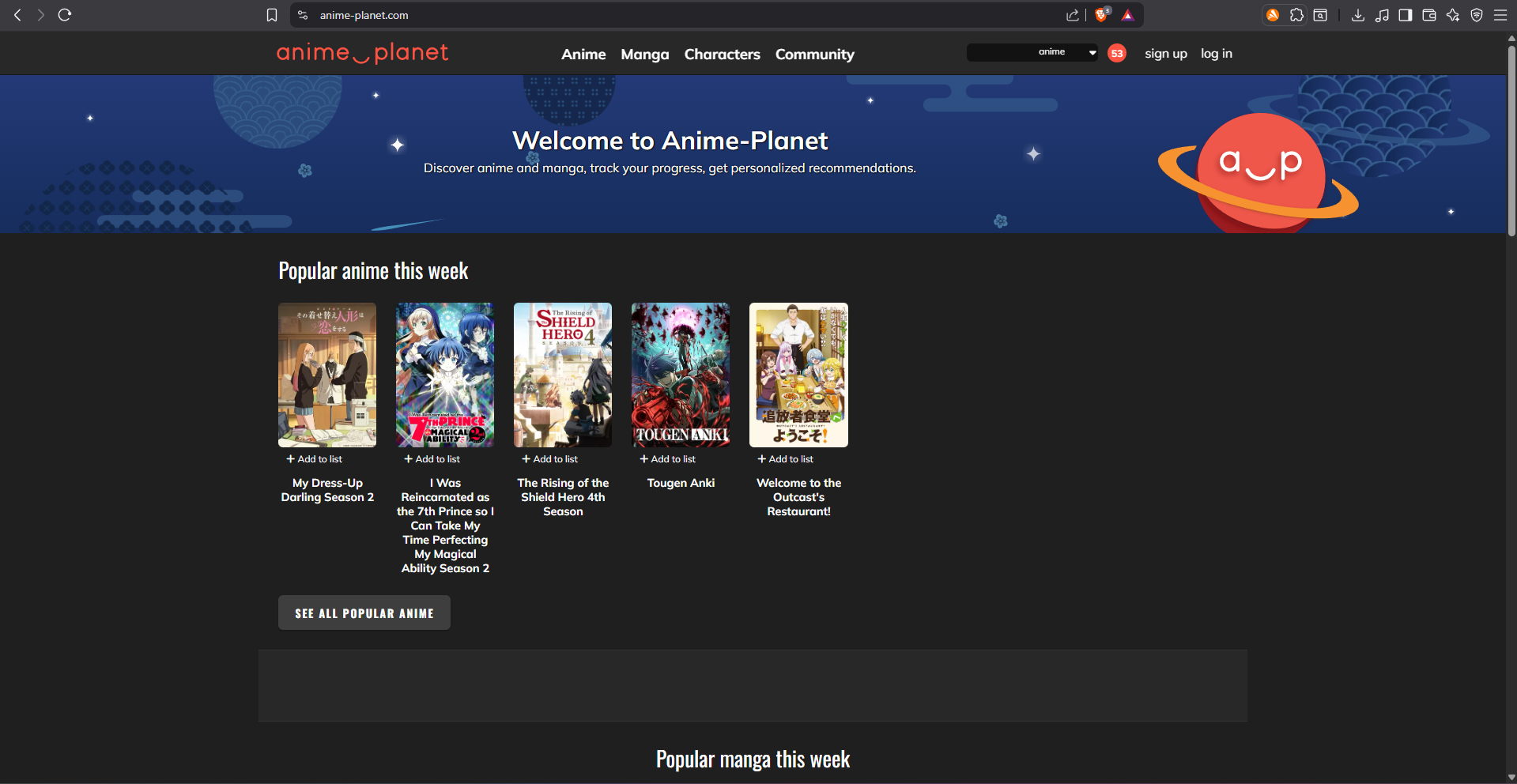 Anime-Planet anime streaming website homepage showing various anime titles