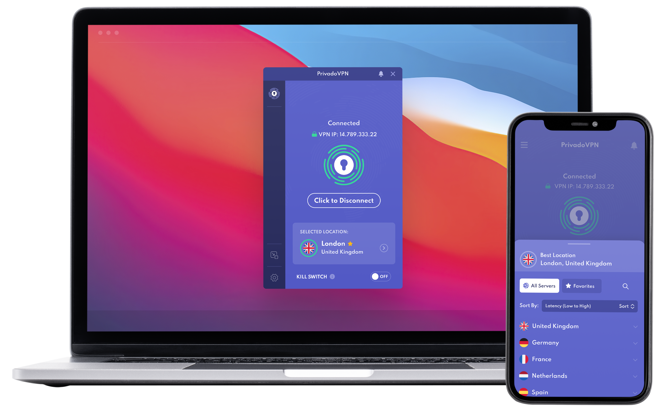 PrivadoVPN app preview screenshot